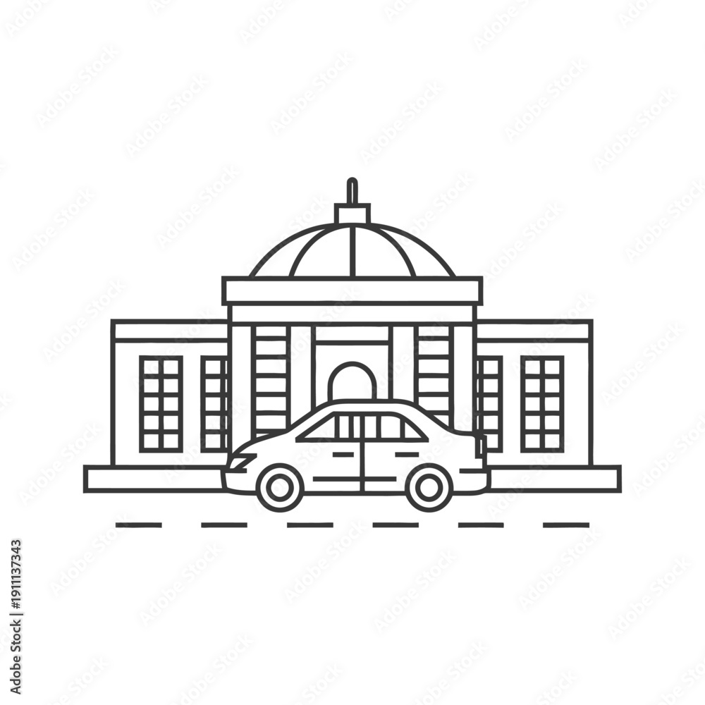 Obraz premium An illustrative vector graphic depicts a car parked in front of a building