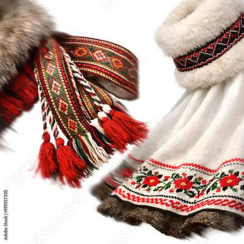 Traditional ethnic clothing with red and floral patterns on white fabric  