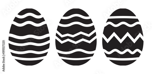 Three black decorated Easter egg silhouettes with wavy and zigzag line patterns, a simple graphic icon set for holiday celebration and seasonal design