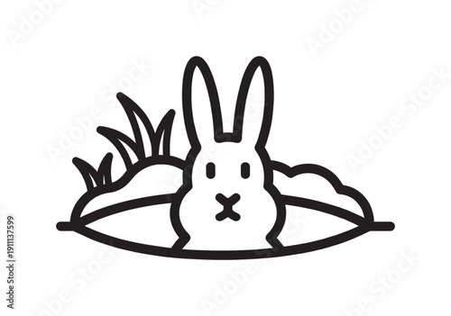 Black line art rabbit icon peeking from a burrow with carrots, representing a minimalist and simple graphic design element for nature or farming themes