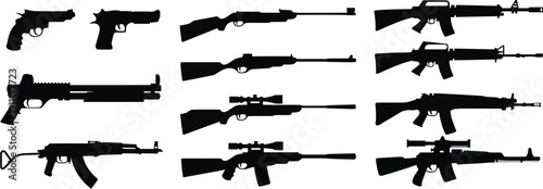 Collection of tactical military firearm silhouettes including assault rifles sniper rifles shotguns and handguns for army defense warfare and security graphic design projects AI Generative

