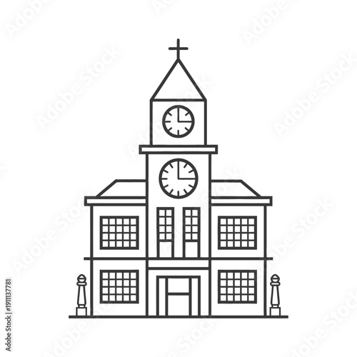 A detailed black and white outline of a municipal building