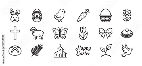 Black line art icon set for Easter featuring religious and spring symbols like a bunny, egg, cross, lamb, church, and flowers in a simple, clean, and minimalist outline style
