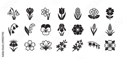 Collection of black spring flower icons featuring various garden blossoms like tulip, daffodil, crocus, and snowdrop in a minimalist graphic silhouette and line art vector style