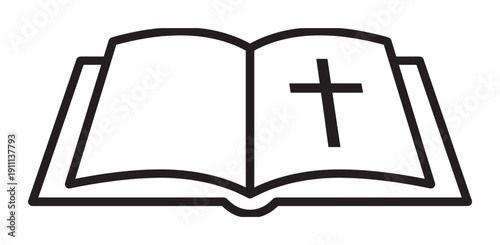 Open Holy Bible with a cross symbol shown as a simple black outline icon, a minimalist vector illustration representing Christianity, scripture, and religious teaching