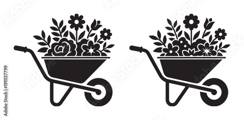 Two black wheelbarrow silhouettes filled with flowers and leaves, a simple vector icon set for gardening, landscaping, or spring themes, showing a side view of the garden cart