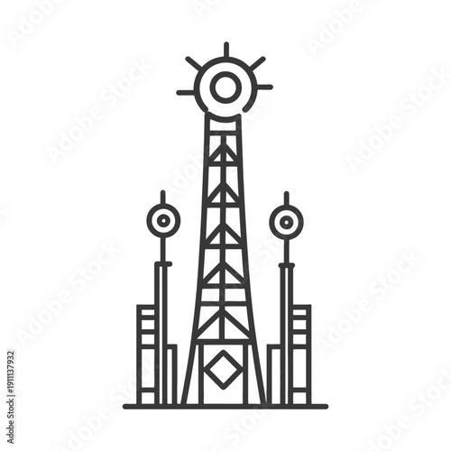 A graphic illustration featuring a tall communication tower design