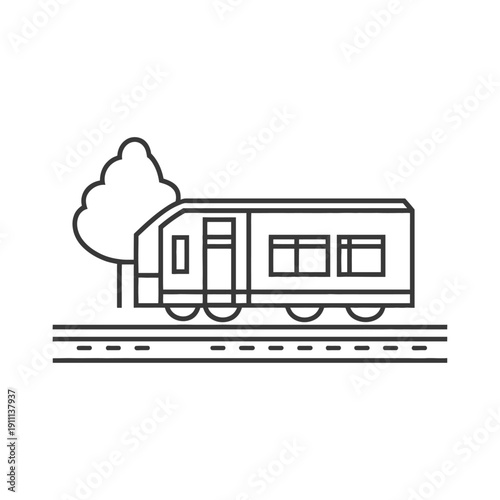 A train traveling on railway tracks next to a stylized tree