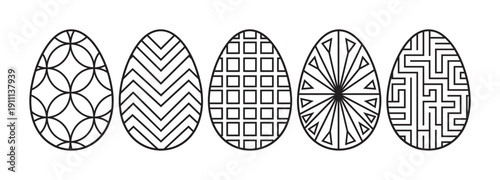 Five black and white Easter eggs with different geometric patterns stand in a row, featuring circles, chevrons, squares, triangles, and a maze design in a minimalist line art style