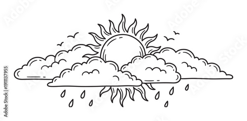 Hand-drawn black and white weather illustration of a cartoon sun with wavy rays peeking through fluffy clouds during a sun shower with birds flying