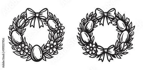 Two black and white Easter wreaths decorated with eggs, flowers, leaves, and festive bows in a simple graphic illustration set with a bold, clean line art style for holiday designs