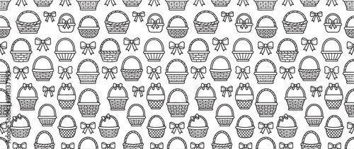 Various empty wicker baskets and decorative bows in a black and white line art style creating a seamless repeating pattern for holiday, picnic, or gift themed textile prints