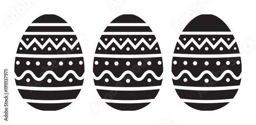 Three black decorated Easter egg icons with traditional folk patterns like zigzags, dots, and waves, presented as a simple graphic silhouette for seasonal holiday design