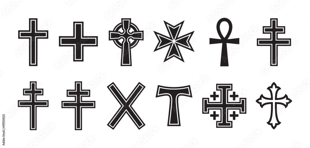 Fototapeta premium Collection of twelve various religious cross symbols, including Latin, Celtic, Orthodox, and Ankh, presented as a set of black graphic icons for spiritual and faith concepts