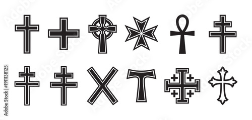 Collection of twelve various religious cross symbols, including Latin, Celtic, Orthodox, and Ankh, presented as a set of black graphic icons for spiritual and faith concepts