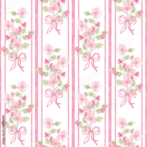 Pink watercolor floral pattern. Pink flowers, colorful print. Ribbon bow. Striped print for fabric. Home textile. Wallpaper. Botanical design. Small wild flowers. Striped wallpaper.