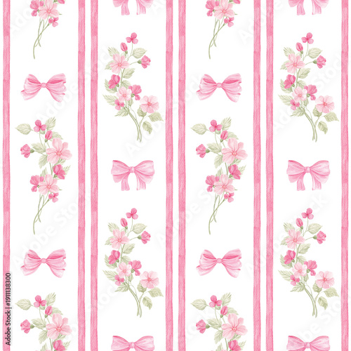 Pink watercolor floral pattern. Pink flowers, colorful print. Ribbon bow. Striped print for fabric. Home textile. Wallpaper. Botanical design. Small wild flowers. Striped wallpaper.
