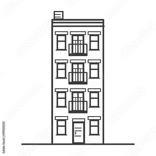 A tall residential building with balconies and multiple windows is shown