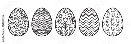 Five black and white decorated Easter eggs featuring intricate line art patterns of swirls, geometric shapes, tulips, zigzags, and animals, presented in a clean, minimalist row
