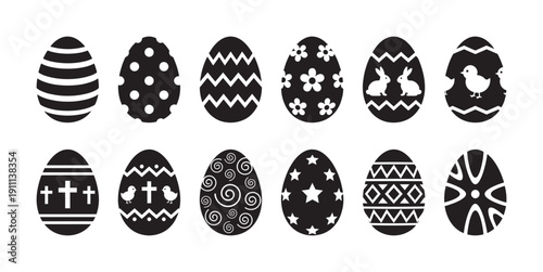 Set of twelve black and white Easter egg icons featuring various decorative patterns including bunnies, chicks, crosses, flowers, stars, stripes, and polka dots for a festive holiday