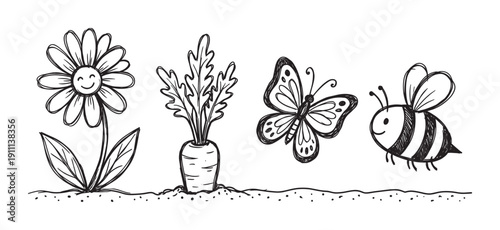 Hand drawn doodle set of a smiling flower, a carrot in the ground, a butterfly, and a cute bee in a black and white sketch style, a charming and playful illustration for children