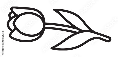 Simple black outline tulip flower illustration with a thick, bold line, hand-drawn in a minimalist graphic style, representing a single spring blossom with a stem and leaves