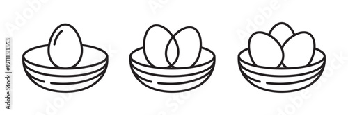Three black line art icons of bird nests with one, two, and three eggs, representing concepts of growth, savings, and investment in a minimalist graphic style