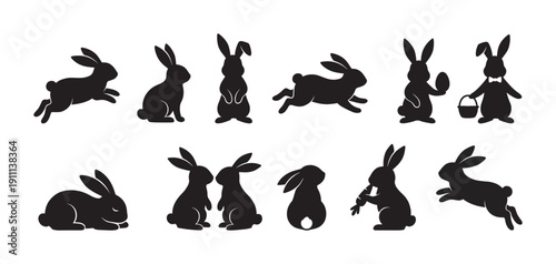 Collection of black rabbit silhouettes in various poses including jumping, sitting, sleeping, and holding an Easter egg and basket, presented as a graphic design element set