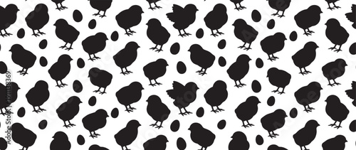 Black chick and egg silhouette pattern creates a charming and minimalist design for Easter or spring themes, featuring cute baby birds in a repeating graphic print