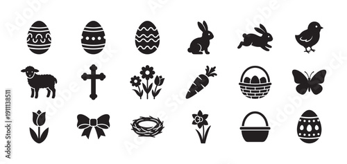 Set of black silhouette Easter holiday icons including a bunny, lamb, chick, cross, decorated eggs, flowers, and a basket for spring celebration design elements