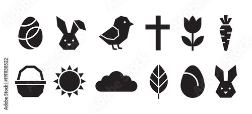 Set of twelve black Easter icons featuring a geometric bunny, decorated egg, Christian cross, tulip, and basket in a simple, flat silhouette graphic illustration style