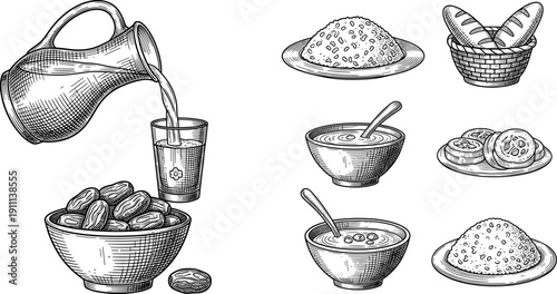 Ramadan traditional food sketch illustration, Islamic cultural meal artwork, dates bread rice soup drawing, Eid festive dining heritage design, Muslim celebration vector