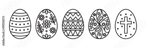 Set of five decorative Easter eggs with various patterns including floral, geometric, and a religious cross symbol, illustrated in a clean black and white outline icon style
