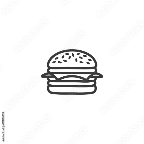 Simple black and white line drawing of a tasty burger