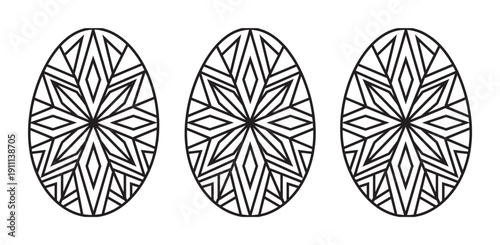 Three black and white Easter eggs with a detailed geometric star pattern, a minimalist line art illustration perfect for a coloring book page or seasonal holiday decoration