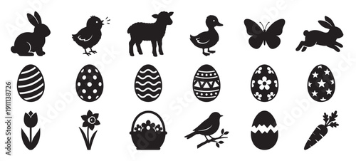 Collection of black Easter silhouette icons featuring a rabbit, chick, lamb, duckling, butterfly, and decorated eggs for spring holiday celebrations
