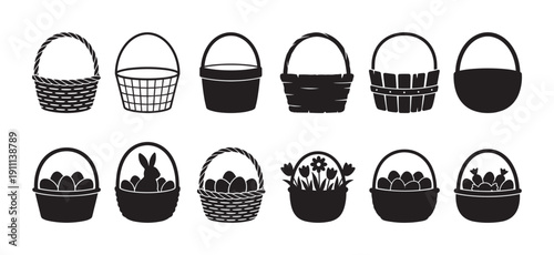 Set of black Easter basket silhouettes with various designs, including empty baskets and some filled with eggs, a bunny, flowers, and candy for the spring holiday celebration
