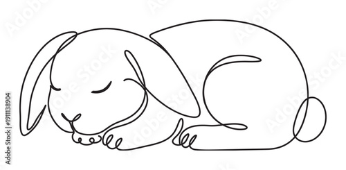 Sleeping bunny rabbit continuous line drawing in a minimalist one-line art style shows a cute pet curled up peacefully, evoking a sense of calm and tranquility
