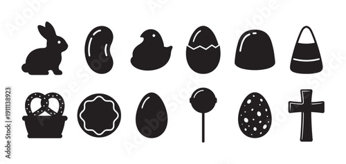 Set of twelve black Easter glyph icons showing a rabbit, chick, cracked egg, jelly bean, lollipop, pretzel, cookie, and a Christian cross for spring holiday celebration