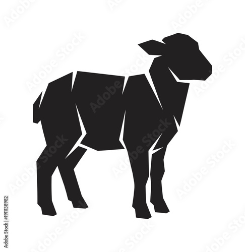 Black geometric lamb silhouette standing in profile, crafted with sharp, angular lines in a modern, minimalist style for a clean and abstract representation of a farm animal