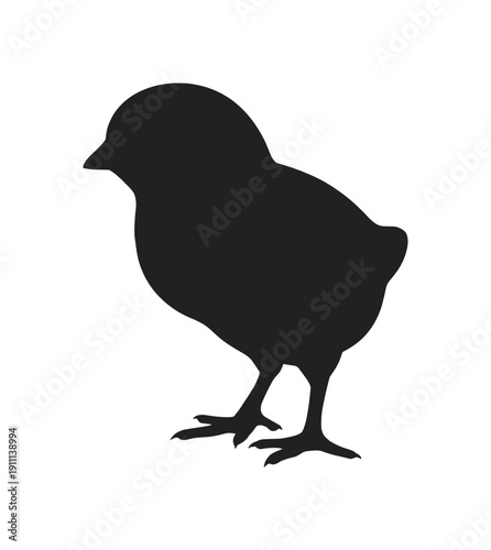 Black silhouette of a baby chick standing in profile, a simple and clean graphic illustration representing Easter, springtime, new life, and agriculture with a minimalist design