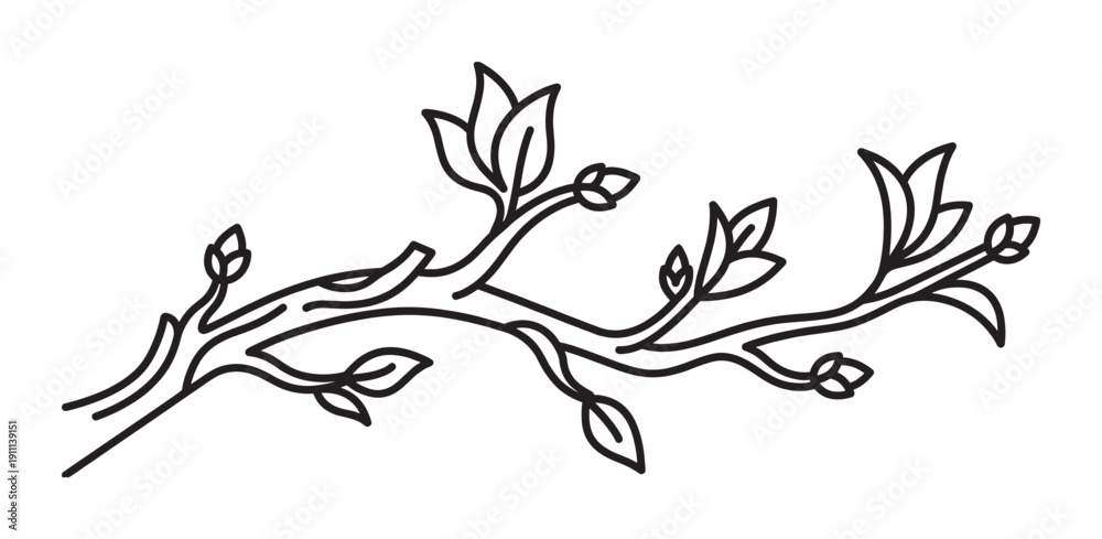 Obraz premium Black line art tree branch with delicate leaves and small buds rendered in a simple, elegant, and minimalist contour drawing style for a natural and organic feel