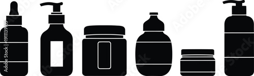 Collection of black silhouettes representing various cosmetic bottles including pump dispensers jars and dropper vials for beauty and skin care branding.