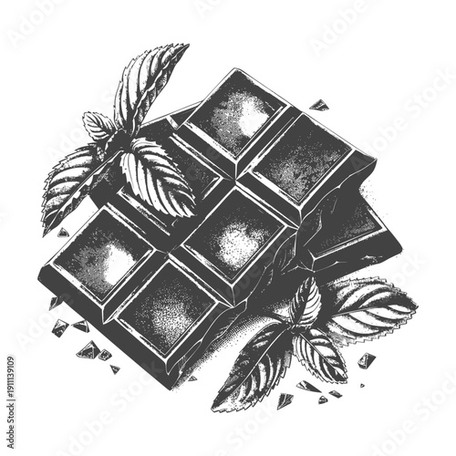 A detailed black and white illustration of chocolate and mint leaves