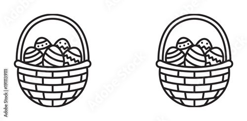 Two simple black line art Easter baskets filled with decorated eggs featuring stripes and dots, presented as a clean vector icon for holiday and seasonal celebration concepts