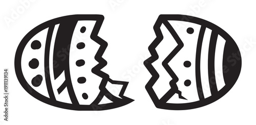 Black and white decorated Easter egg broken in half with a jagged crack, featuring simple graphic patterns of dots and stripes in a minimalist, bold line art illustration style