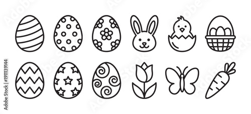 Set of black line art Easter icons featuring decorated eggs, a cute bunny, a hatching chick, a basket, a tulip, a butterfly, and a carrot in a simple doodle style