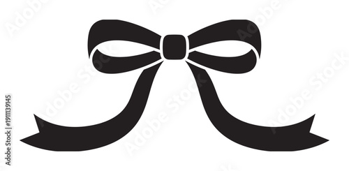 Black silhouette illustration of a decorative ribbon bow with two loops and flowing tails, presented in a simple, minimalist graphic style for festive occasions
