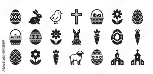 Large set of black Easter icons featuring a bunny, decorated eggs, a chick, a lamb, a cross, a church, carrots, and a basket for the spring holiday celebration