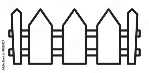 Simple black outline icon of a wooden picket fence with pointed posts and horizontal rails, representing a garden boundary or home property line in a minimalist graphic style